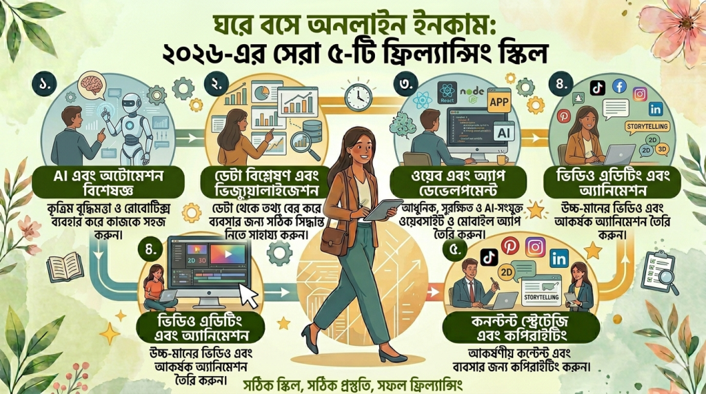Ghore boshe online income: 2026-er shera 5-ti freelancing skill