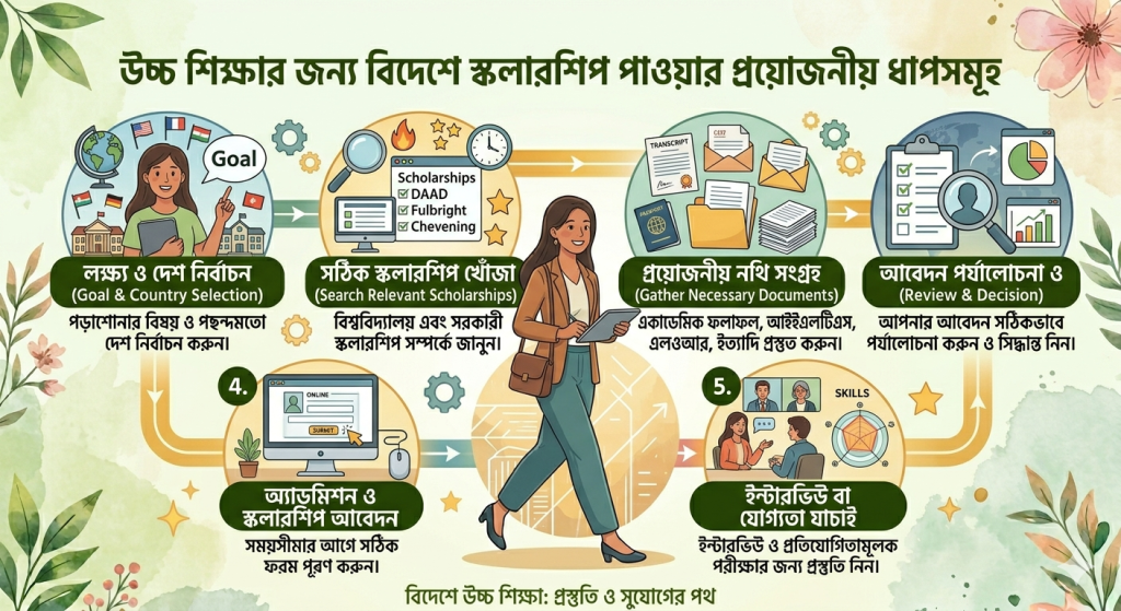 Higher Studies-er jonno bideshe scholarship pawar proyojoniyo step-shomuho
