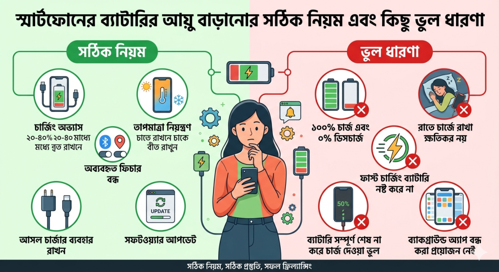 Smartphone-er battery-r ayu baranor shothik niom ebong kichu bhul dharona.